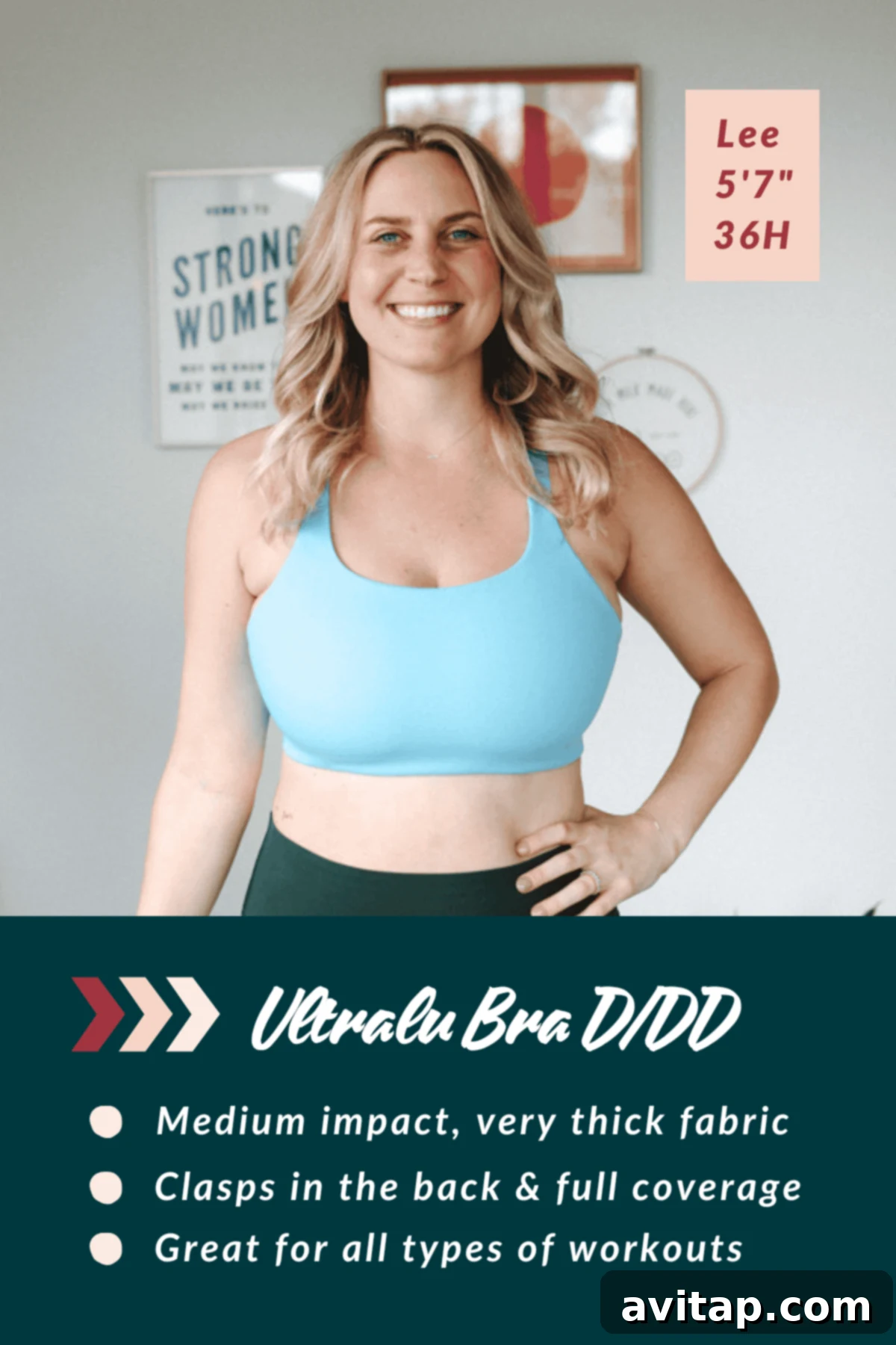 A woman wearing a blue sports bra smiles at the camera. Text beside her reads: 