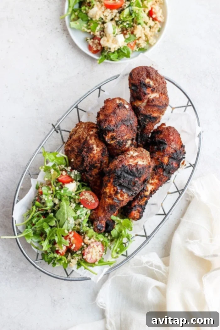 Ever wonder how to grill chicken legs? Look no further because these are the BEST grilled chicken legs in all the land. We’ll teach you how to make the most amazing chicken dry rub and give you a step by step tutorial for the best grilled chicken legs recipe ever. Crispy grilled chicken legs in a metal basket, showcasing their golden-brown skin and delicious appearance.