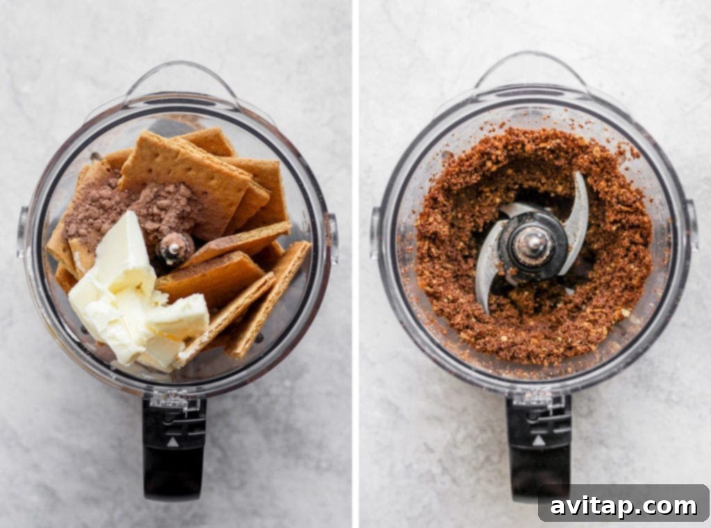 Step-by-step photos illustrating the preparation of the chocolate graham cracker crust, from finely processed crumbs to a perfectly pressed base in the pan.