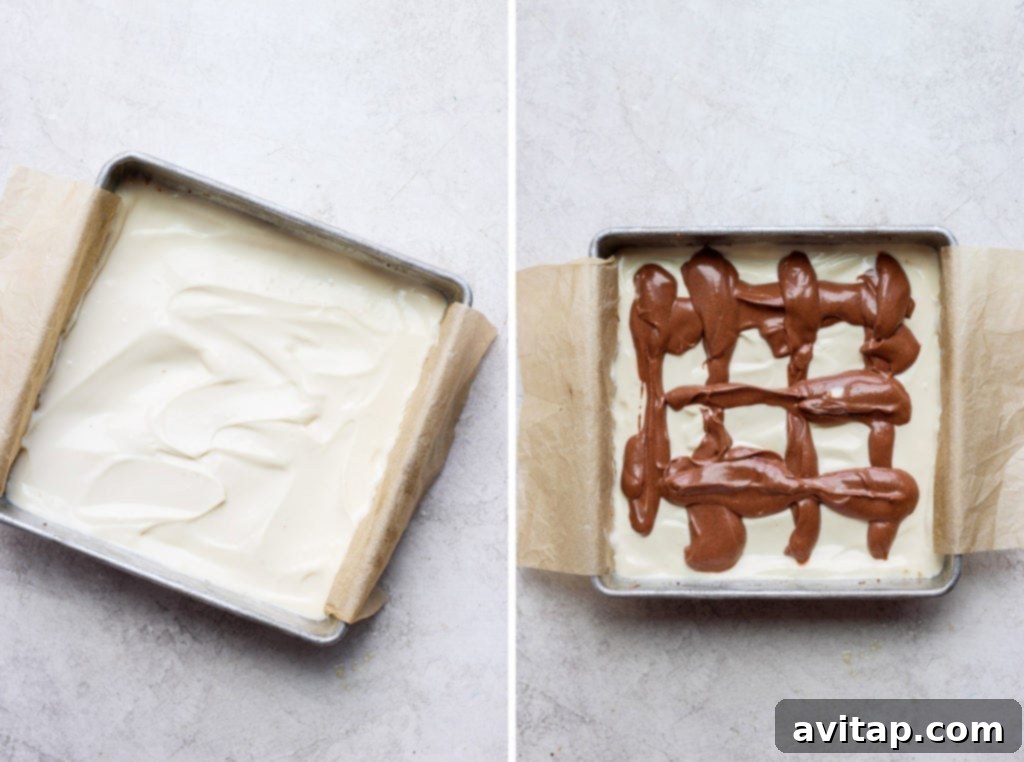 Two sequential photos demonstrating how to create an elegant swirl design on top of cheesecake bars before baking, using a toothpick.