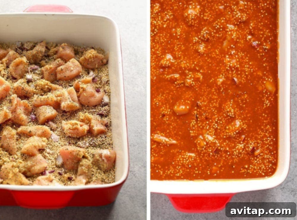 Overhead shot of Tuscan Chicken Quinoa Casserole in a baking dish before final bake