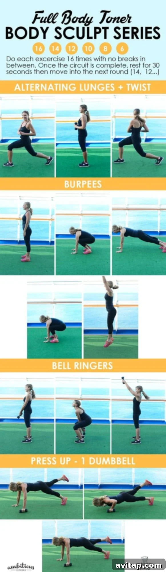 Graphic illustrating a Full Body Toner Workout with dumbbell exercises