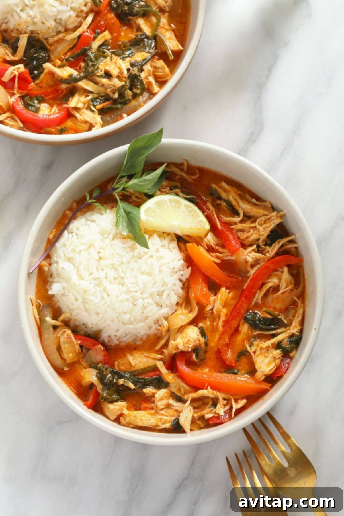 A vibrant bowl of Thai red coconut curry chicken served with fluffy white rice, garnished with fresh herbs.