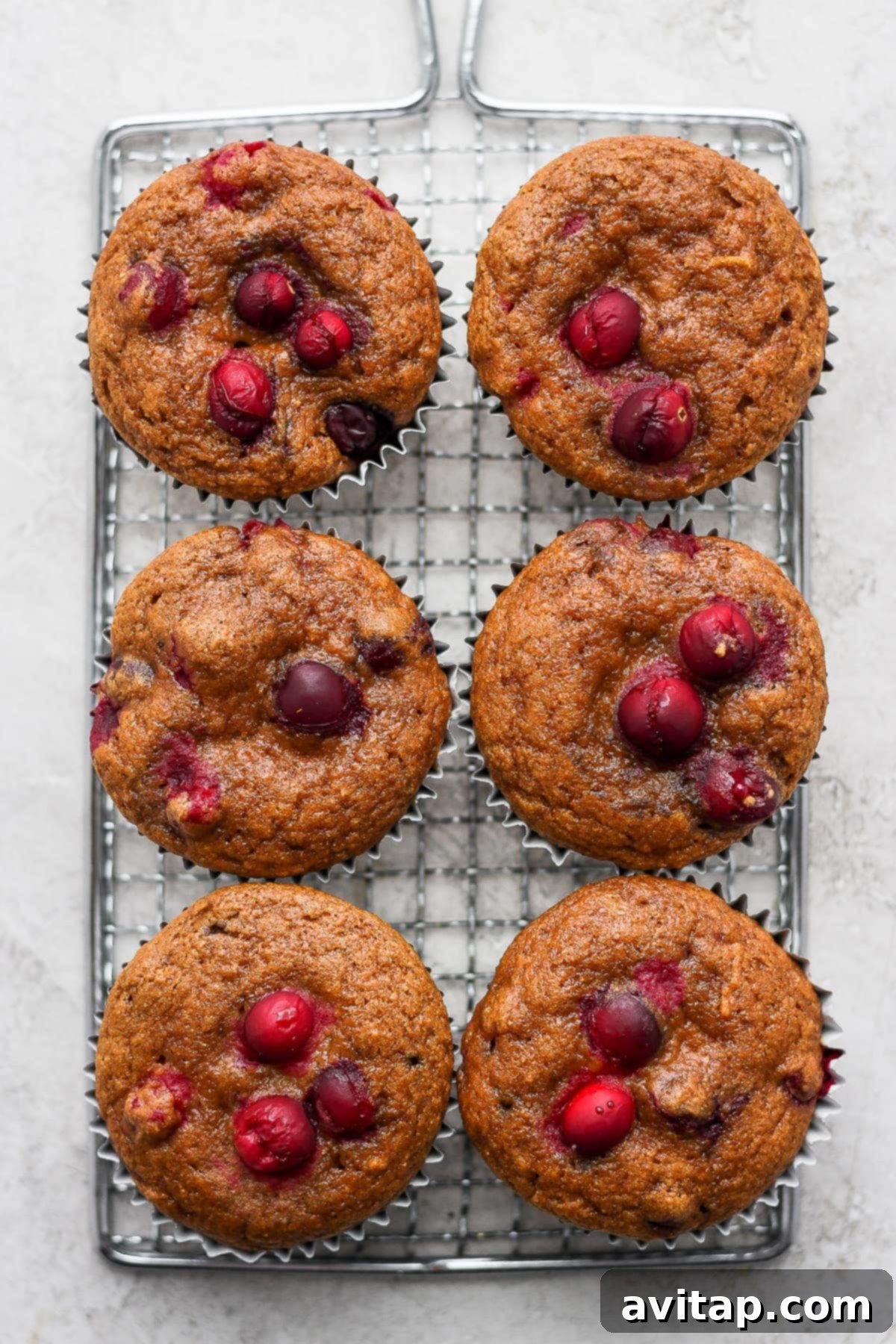Freshly baked cranberry orange muffins cooling on a wire rack, showcasing their golden-brown tops and juicy cranberry pockets.