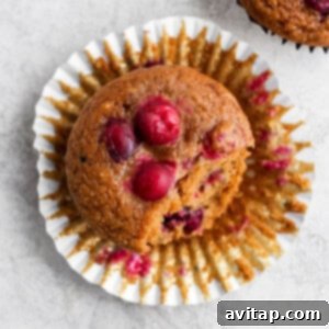 A close-up of a cranberry orange muffin, showcasing its texture and the vibrant cranberries.