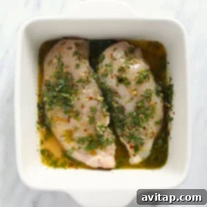 Two Italian chicken breasts coated in marinade, ready for cooking in a white dish with fresh herbs.