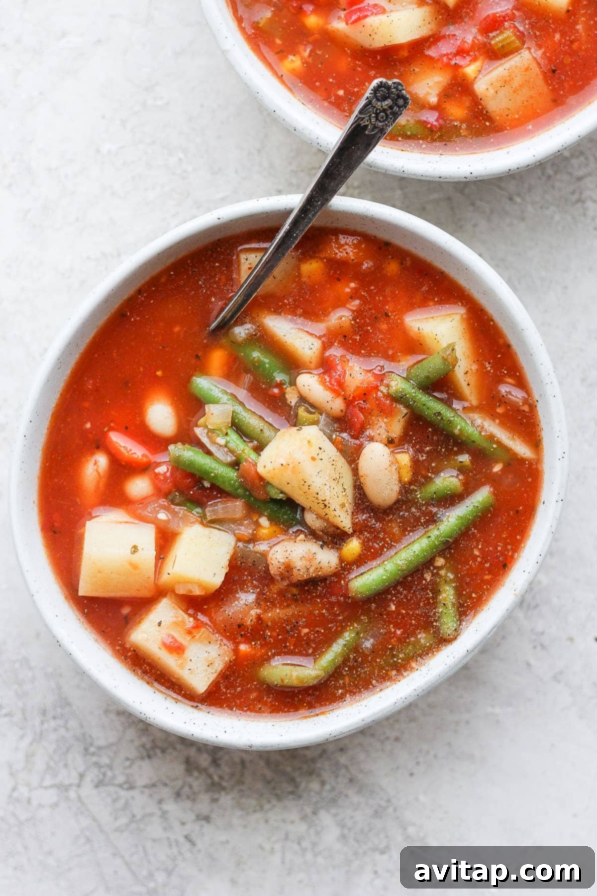 Two bowls of vibrant, hearty vegetable soup, garnished with fresh herbs, showcasing a delicious and wholesome meal.