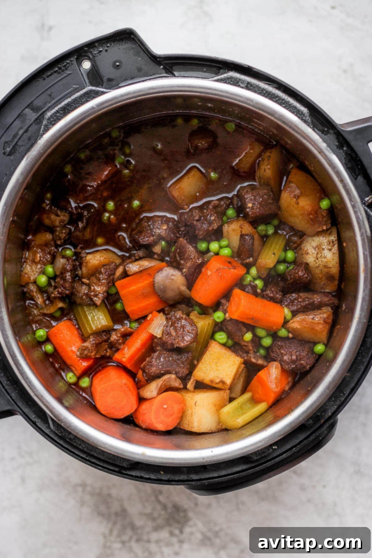 A hearty Instant Pot beef stew with perfectly cooked vegetables and tender beef, ready to be served from the pot.