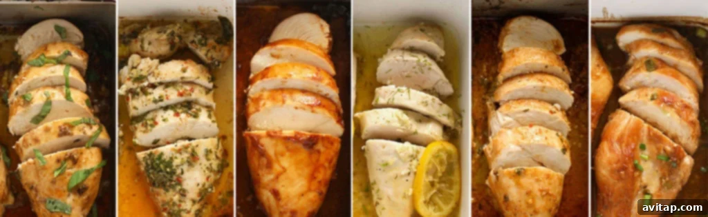 Collection of various chicken breast recipes baked in different styles.