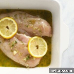 Chicken breasts perfectly coated in lemon marinade, nestled in a white dish, ready for refrigeration.
