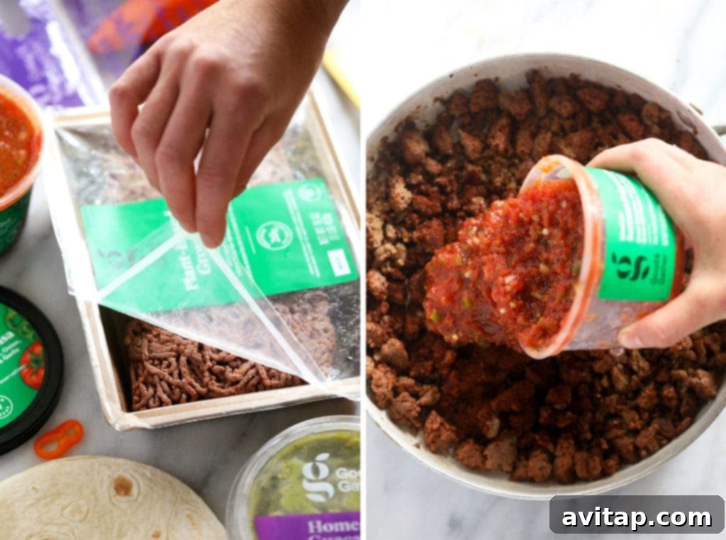 Close-up shot of cooked plant-based ground mixed with serrano pepper salsa, ready to top the tostadas