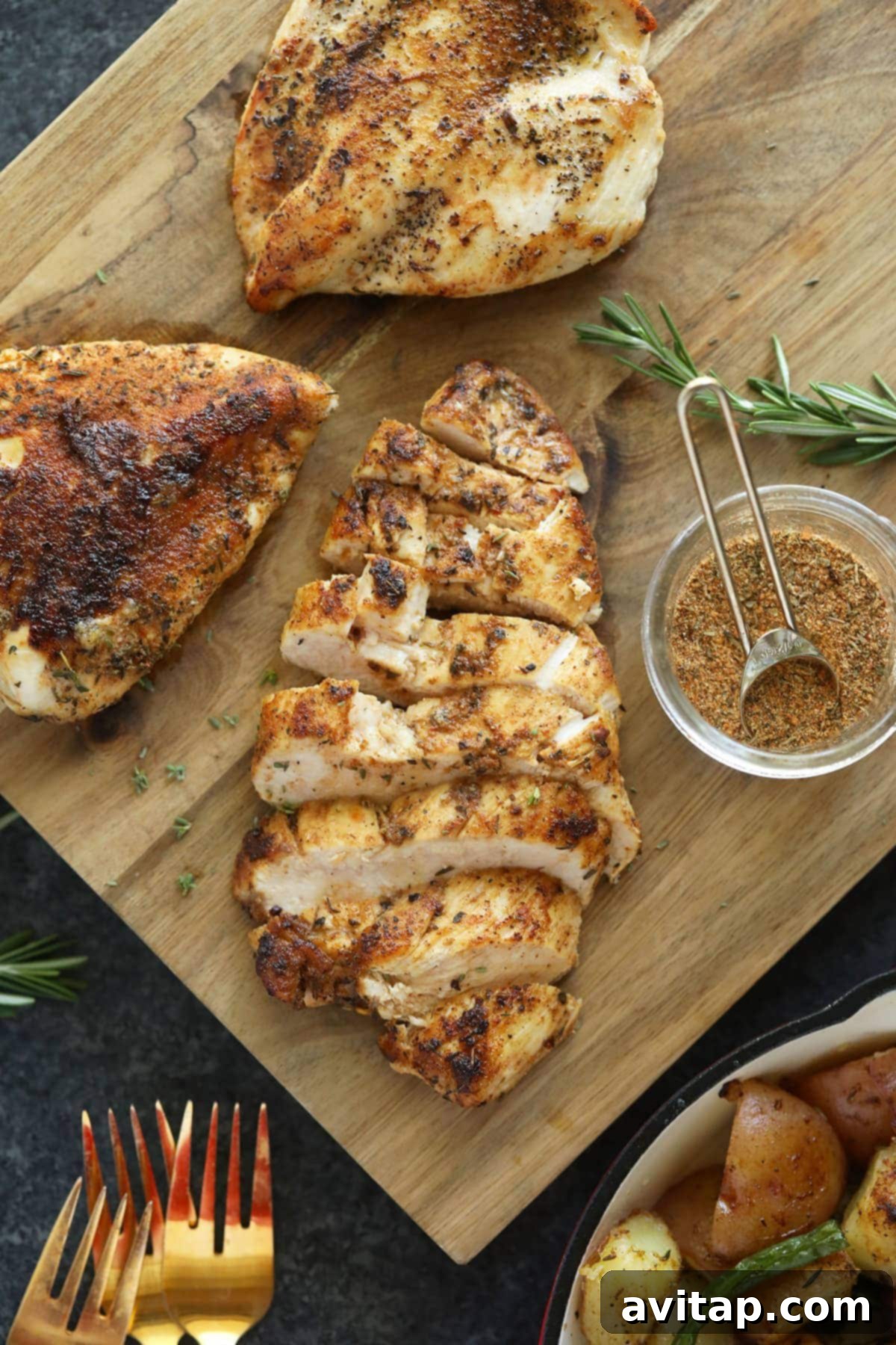 A perfectly seasoned and baked chicken breast rests on a wooden cutting board, ready to be sliced and served.