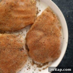 Seasoned chicken breasts neatly arranged on a plate, ready for pan-searing, highlighting the spice coating.