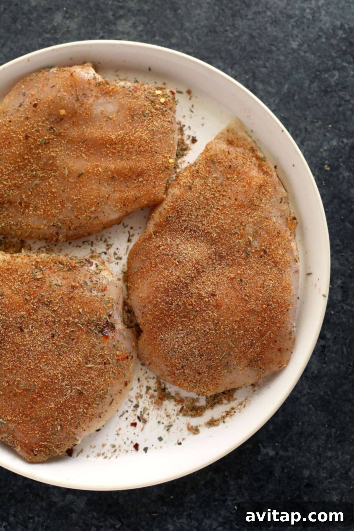 Make this flavorful stovetop chicken breast recipe and pair it with your favorite veggie and grain to complete your meal! Perfectly seasoned chicken breast, coated evenly with spices, resting on a plate before cooking, showcasing readiness.