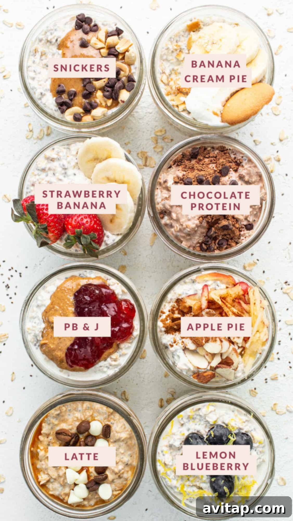 A vibrant collection of overnight oats bowls, each topped with different fruits, nuts, and drizzles, showcasing the diverse flavor possibilities.
