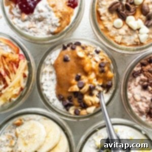 A variety of overnight oats in jars with different toppings, illustrating the base recipe and its versatility.