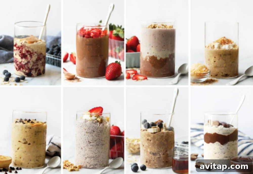 A visually appealing collage showcasing eight different flavors of overnight oats, each in its own container with unique toppings, perfect for breakfast ideas.