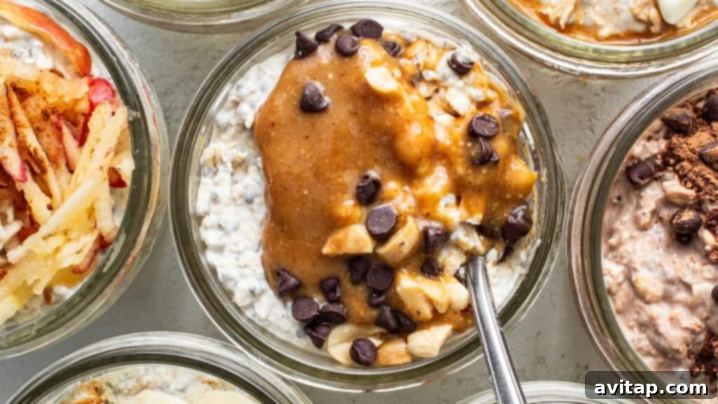 A jar of Snickers-flavored overnight oats, garnished with chopped peanuts and chocolate chips on top.