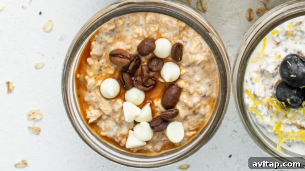 Three jars of vanilla latte overnight oats, garnished with coffee beans and a dusting of cocoa powder.