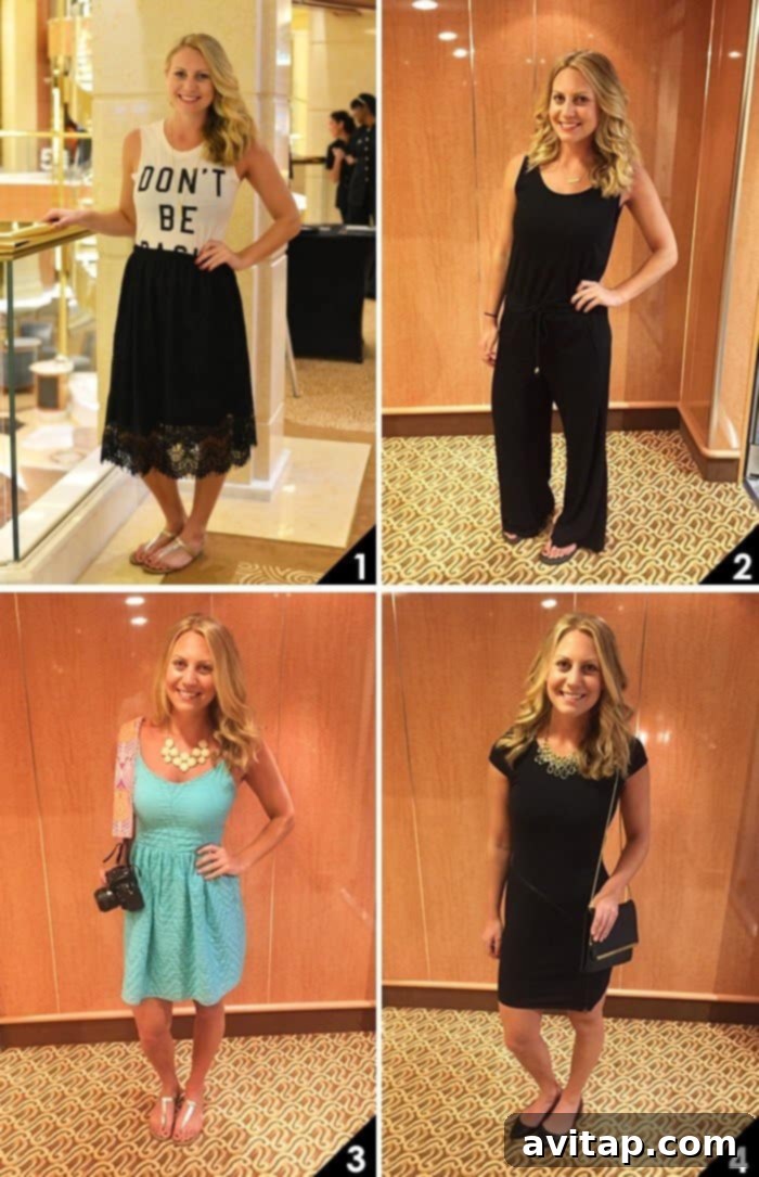 Vacation style guide featuring comfortable and chic outfits for cruise travel, including dinner and casual looks