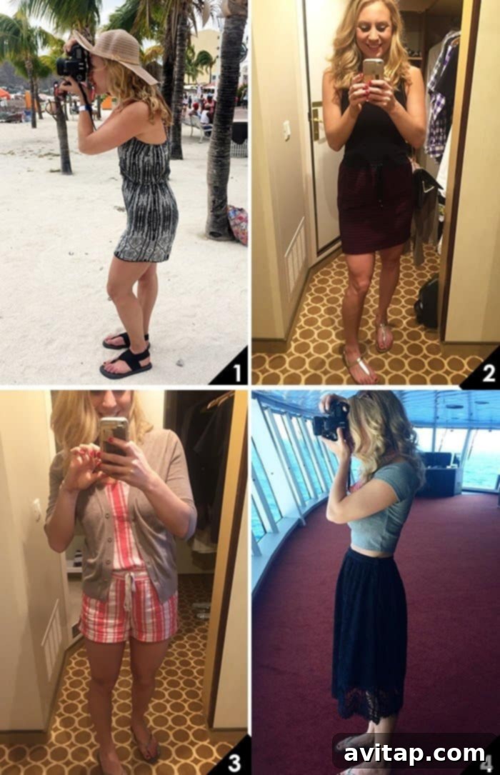 Casual vacation outfits featuring rompers, skirts, and comfortable sandals for travel and resort wear