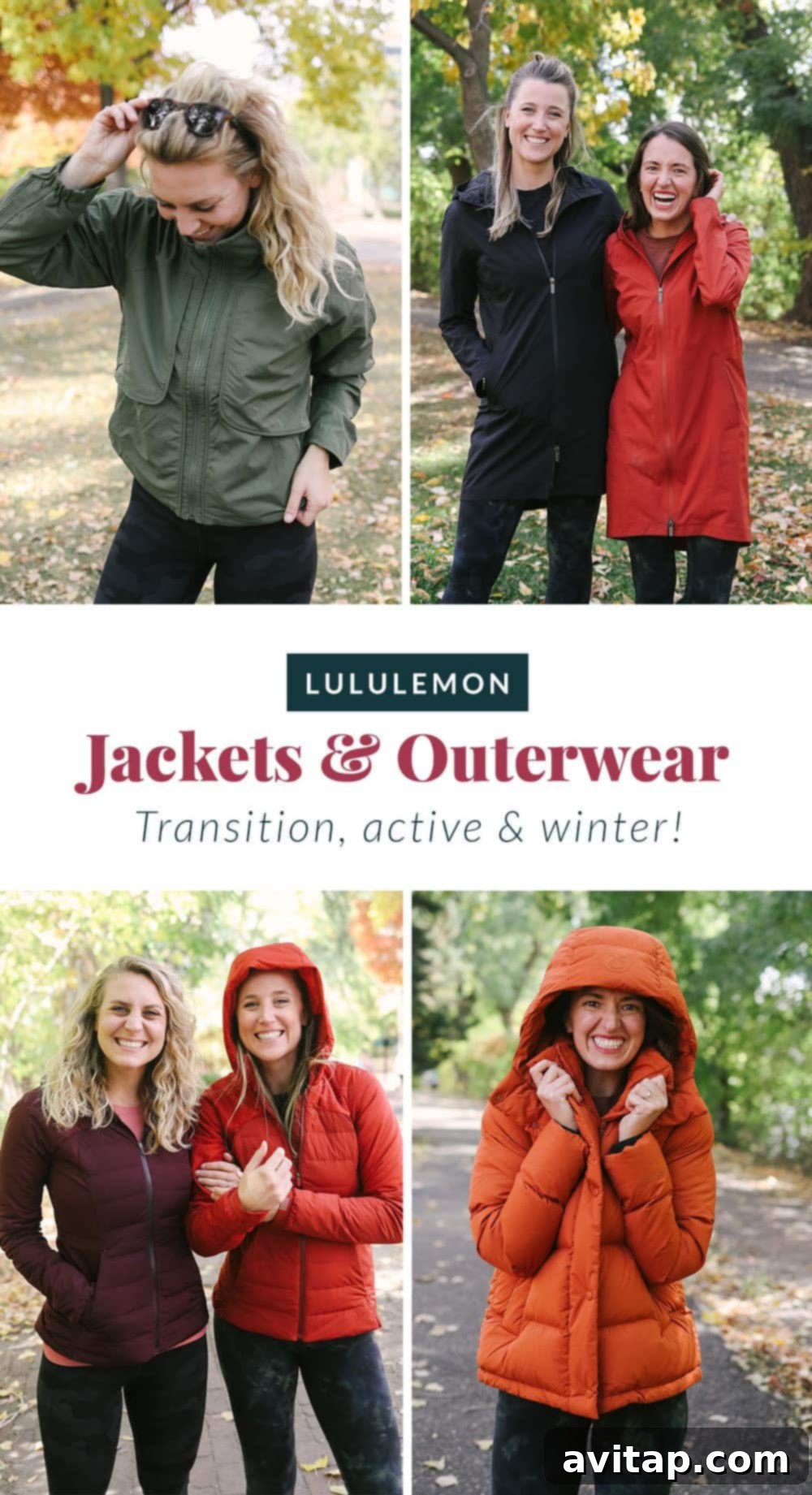 A collage featuring four distinct Lululemon jackets: the Always Effortless Jacket, Rain Rebel Jacket, Down for it All Jacket, and Wunder Puff Jacket, showcasing their versatility and stylish designs.