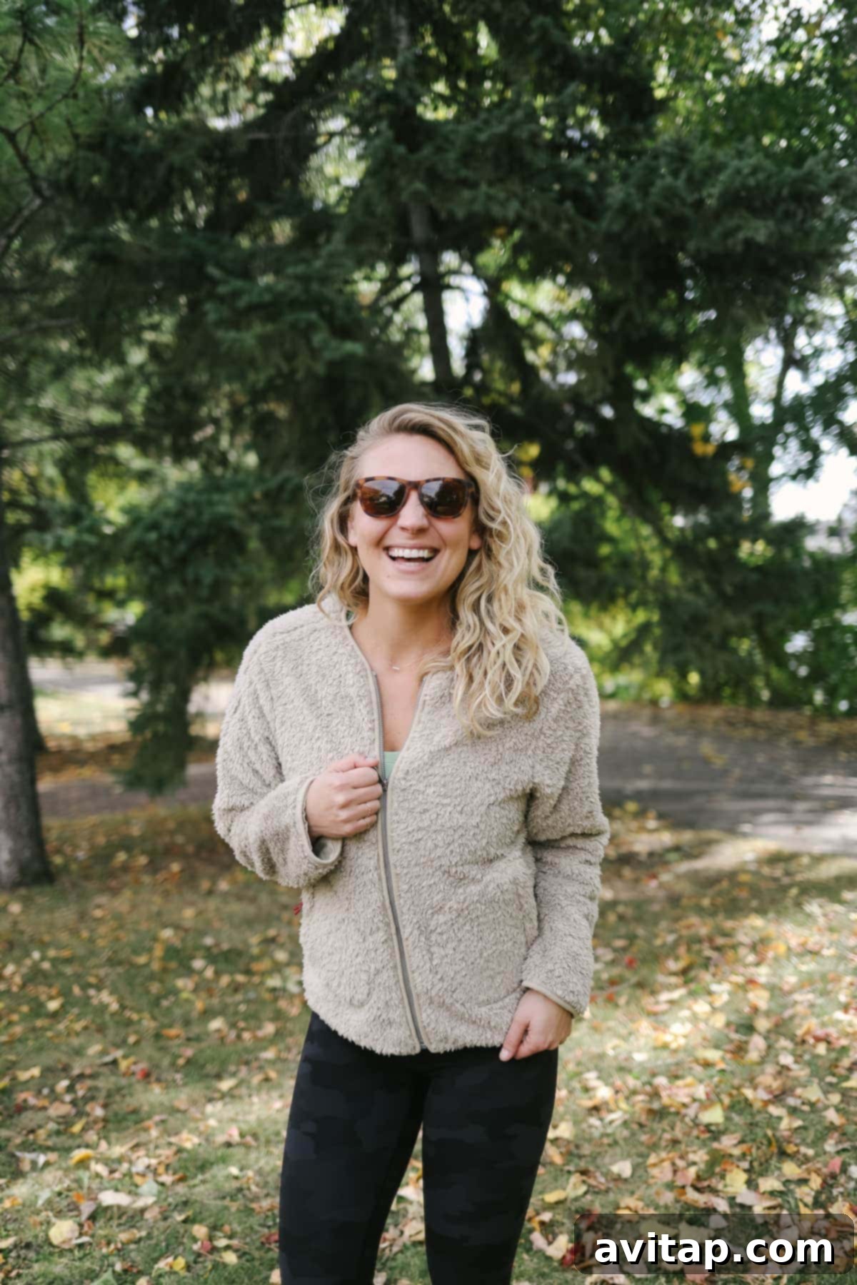 Lee wearing the Lululemon Oh So Sherpa Full Zip jacket, showcasing its soft, textured material and comfortable fit, perfect for casual warmth.