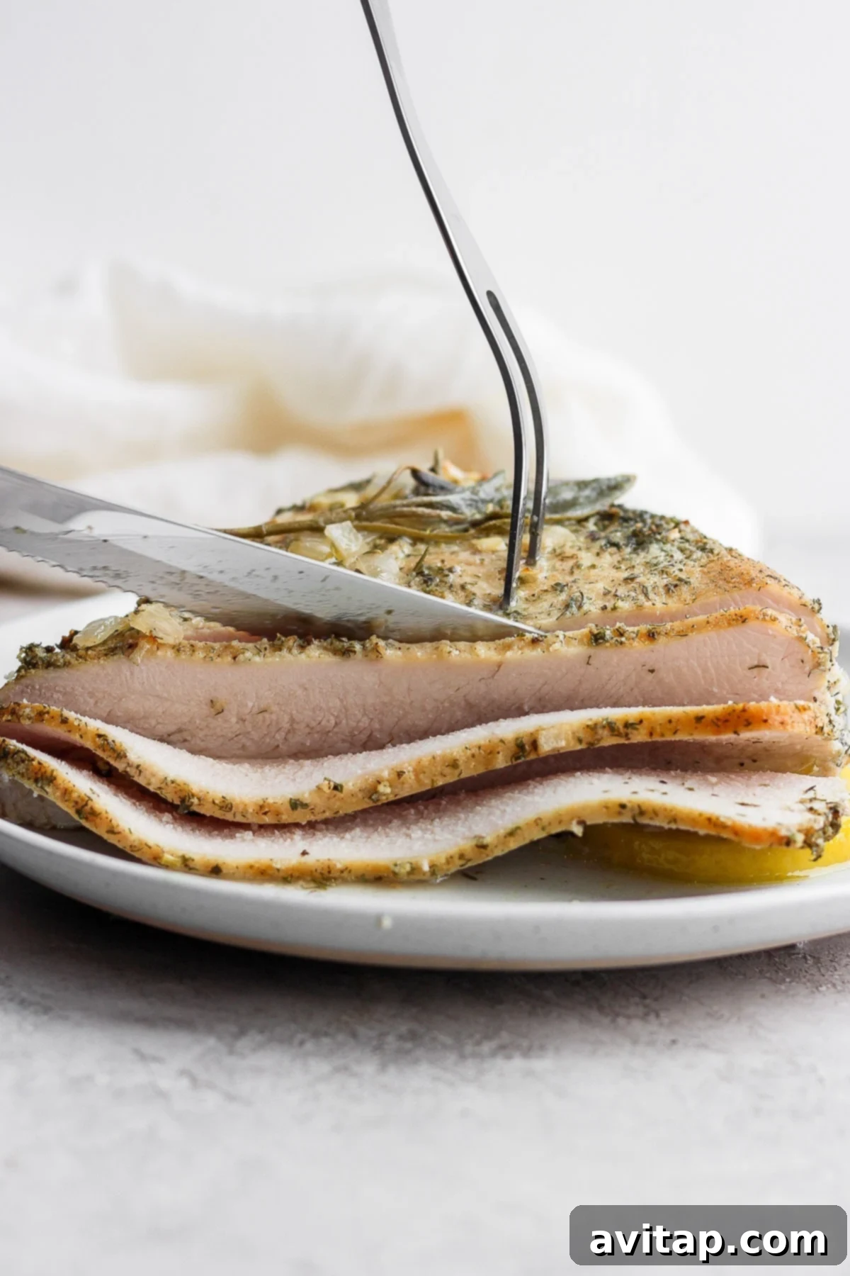 Deliciously sliced roasted turkey breast arranged on a serving plate.