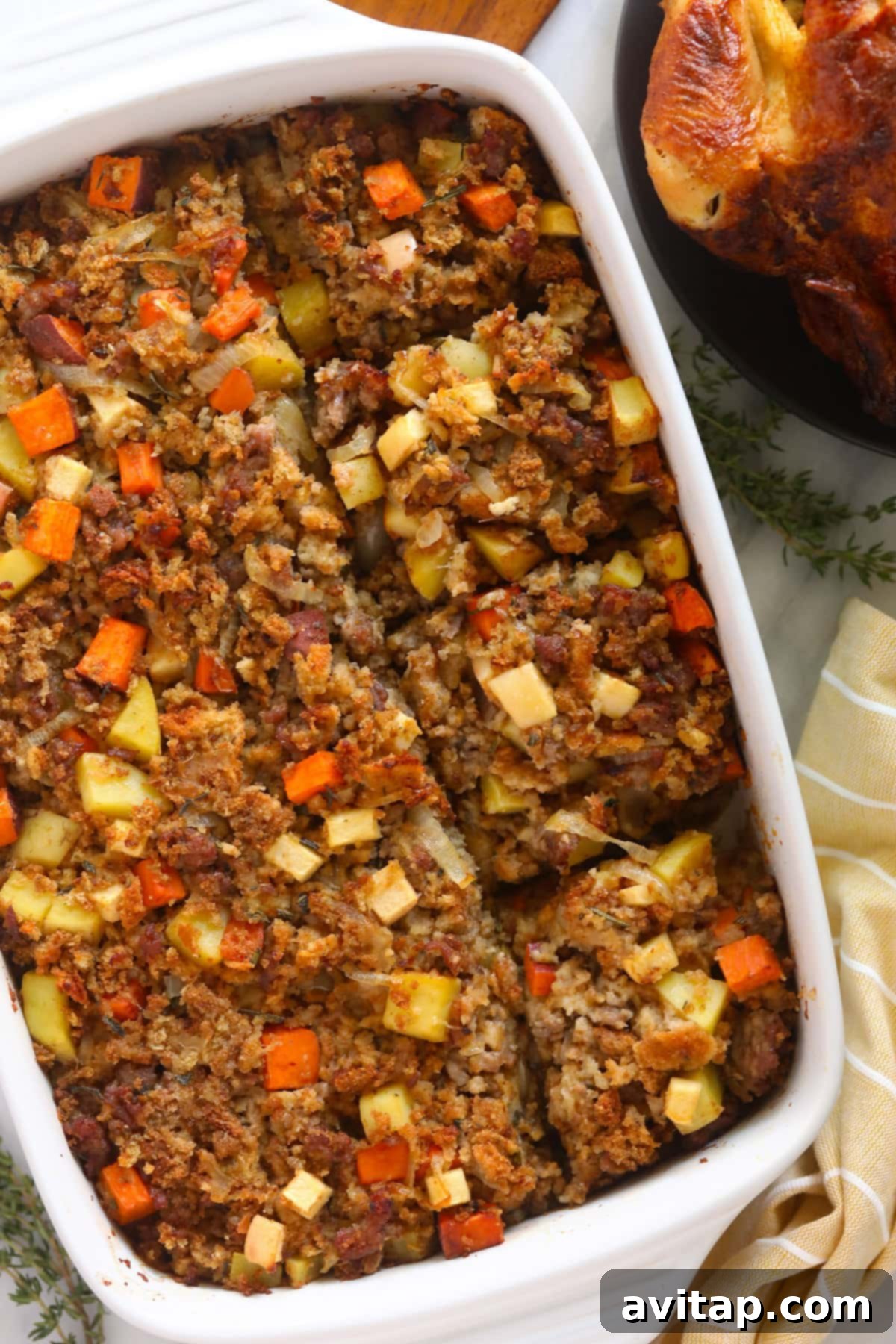 Golden-brown sausage stuffing baked to perfection in a casserole dish, ready to be served at a holiday gathering.
