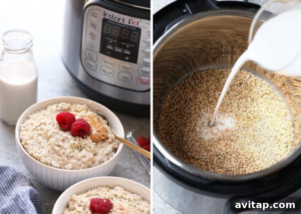 Instant Pot filled with cooked steel cut oats, ready to be served, demonstrating the quick and efficient cooking method.