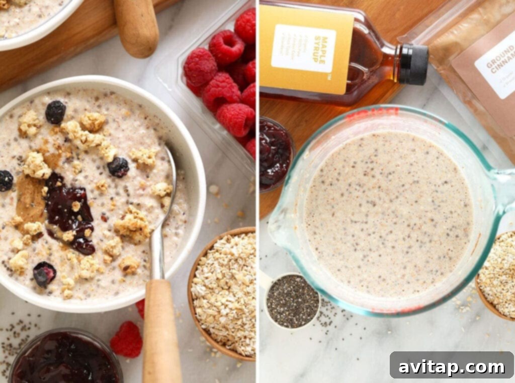 Jars of overnight steel cut oats, topped with berries and nuts, ready for a grab-and-go breakfast.