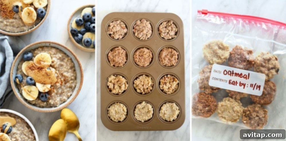 A muffin tin filled with individual portions of cooked steel cut oats, ready for freezing, illustrating an efficient meal prep technique.