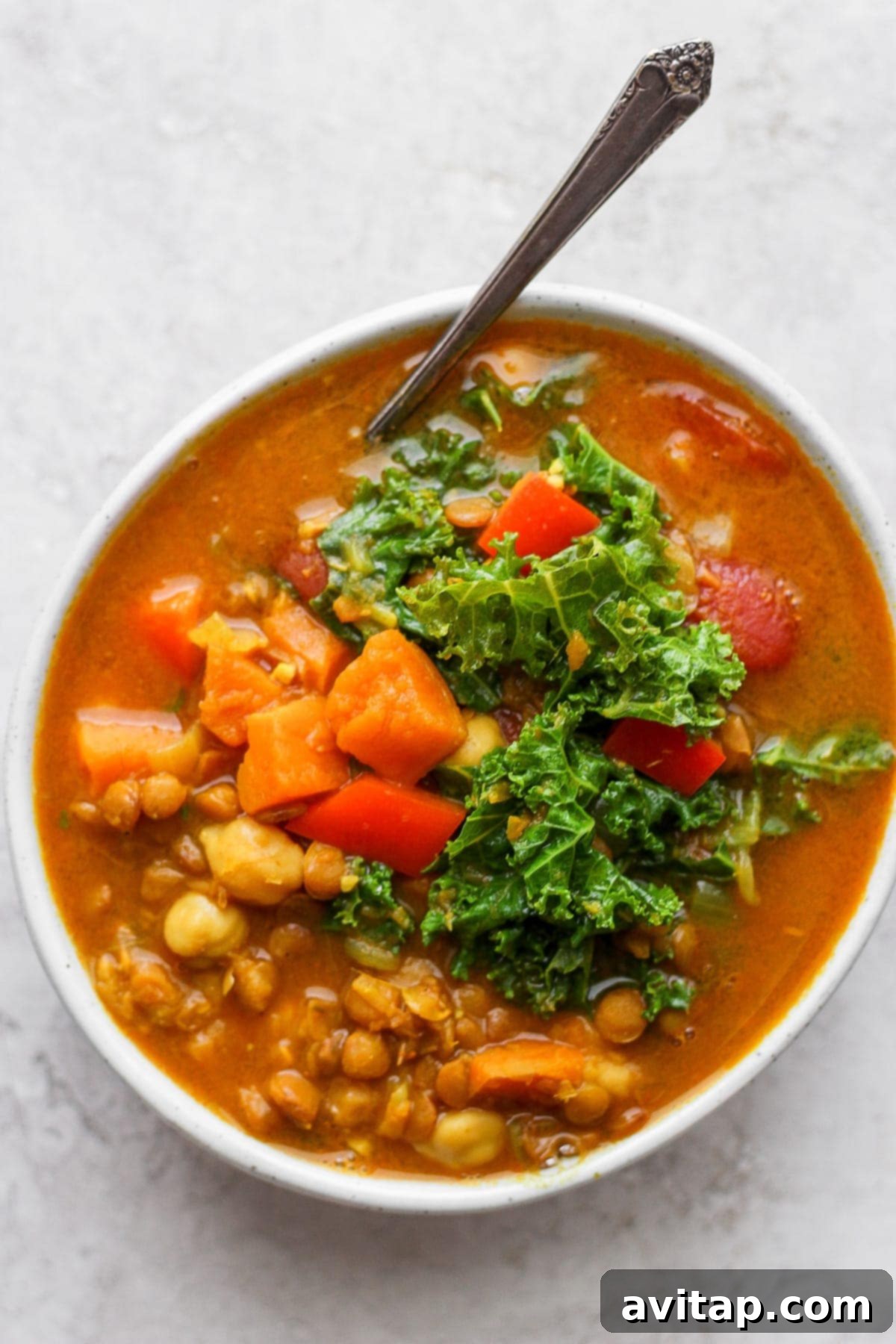 Hearty Instant Pot Lentil Soup 7 A single beautifully presented bowl of Instant Pot lentil soup, garnished with a sprig of fresh herb.