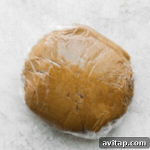 A ball of gingerbread dough, securely wrapped in plastic wrap, resting on a clean white surface.