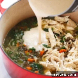 A bowl of chicken wild rice soup being poured.