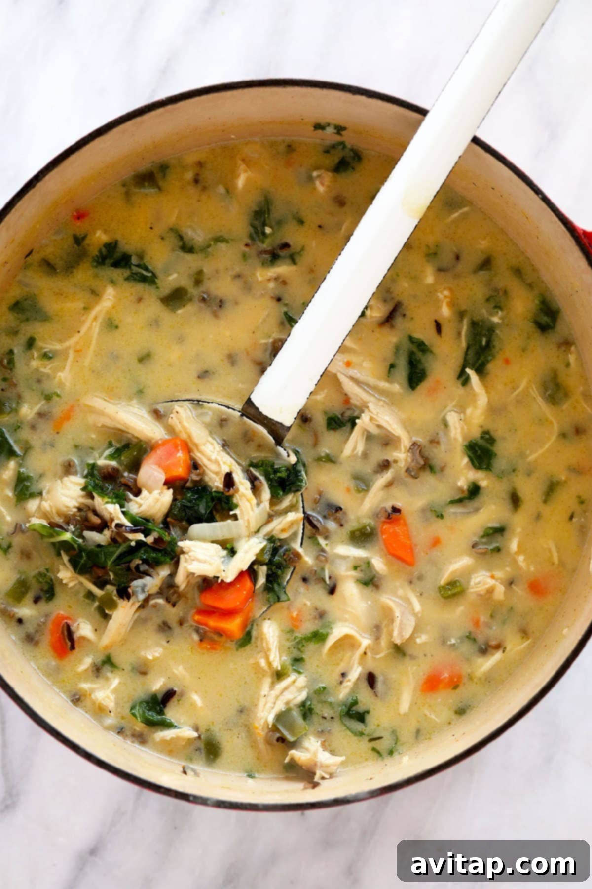 A large pot of creamy chicken wild rice soup, ready to be served or stored, showcasing its rich texture and wholesome ingredients.
