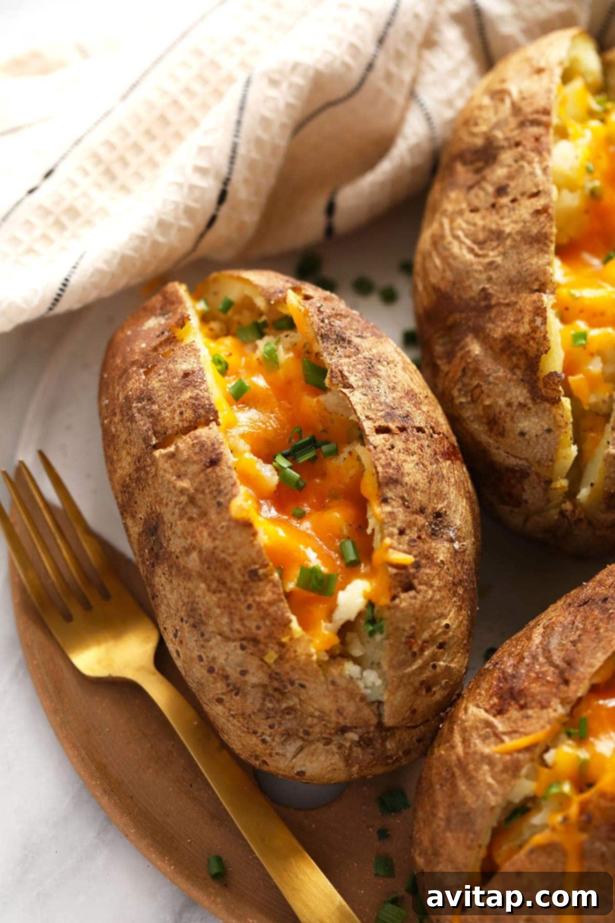 The Ultimate Crispy Fluffy Baked Potato 7 A baked potato served in a rustic bowl, with a fork digging into the fluffy interior.