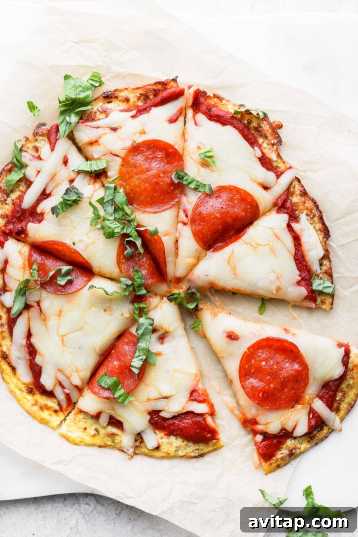 Crispy cauliflower pizza crust topped with melted cheese, savory pepperoni, and vibrant fresh basil. A perfect gluten-free pizza night meal.