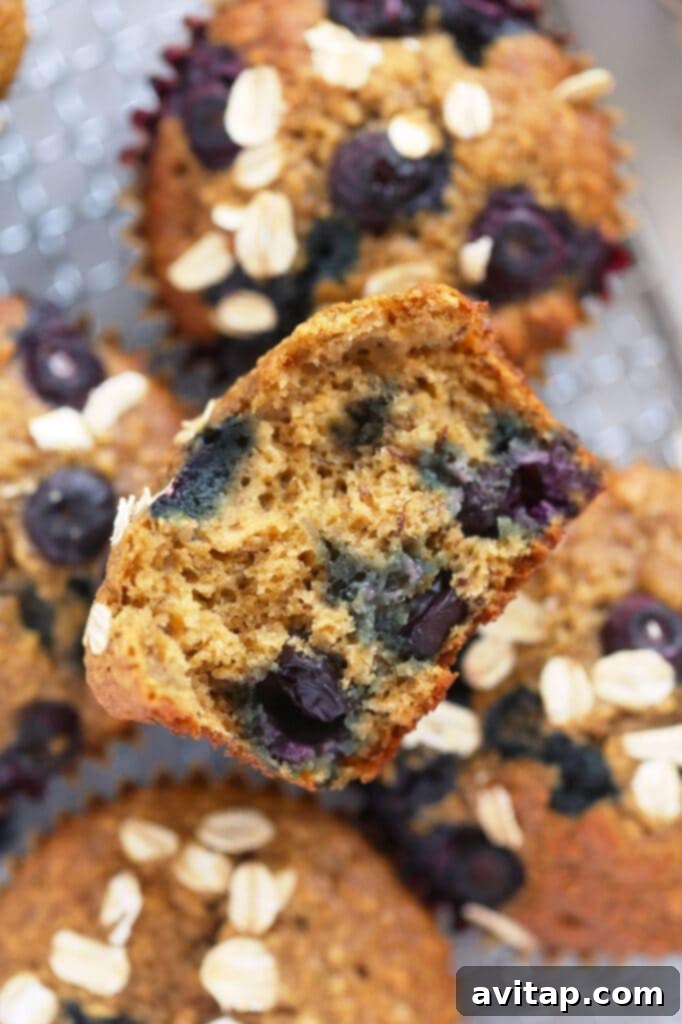 A perfectly baked blueberry oatmeal muffin, cut in half to showcase its fluffy, moist interior filled with flavorful blueberries.