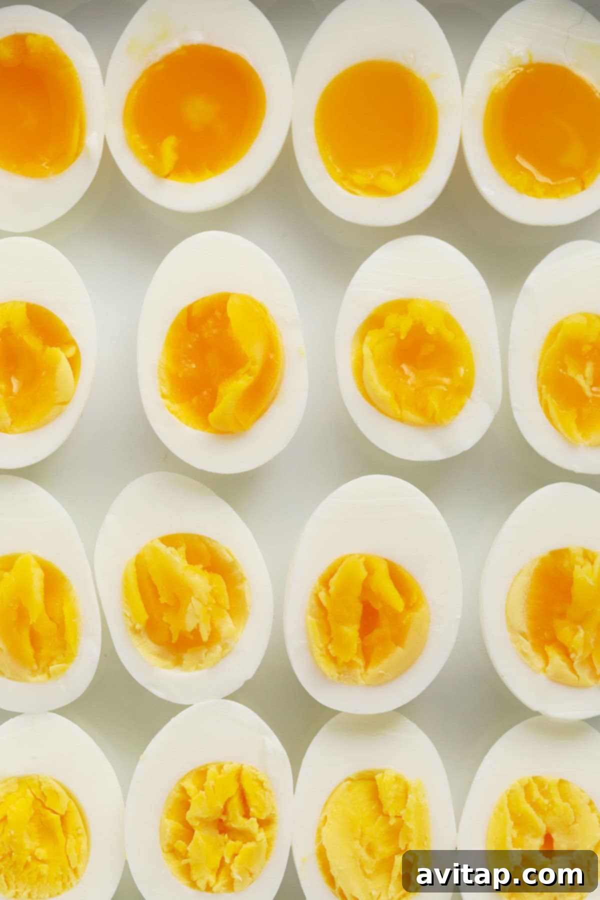 A close-up of hard boiled eggs beautifully arranged on a white plate, highlighting their perfect texture.