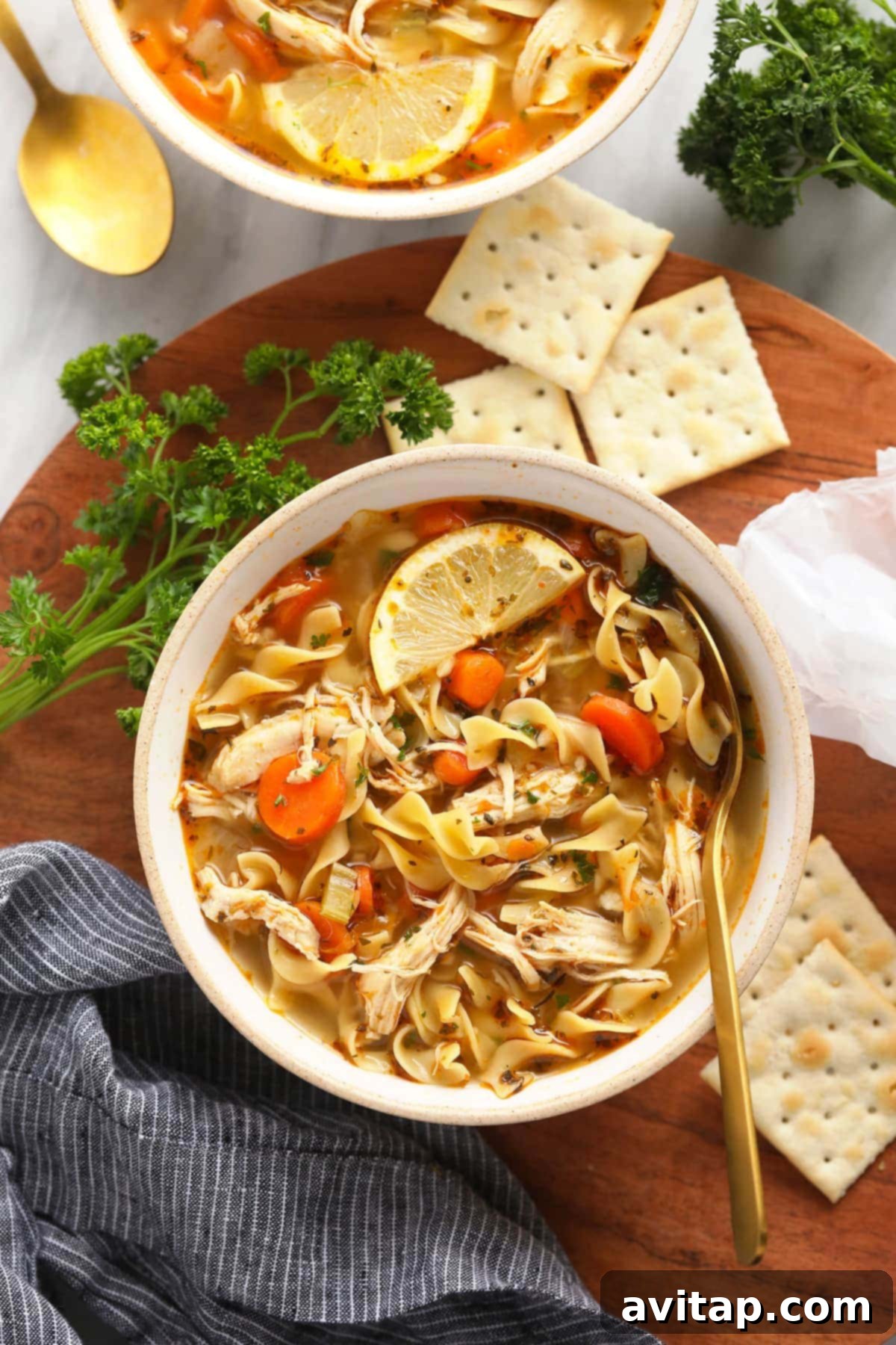 Flavorful Instant Pot Chicken Noodle Soup in a bowl with a spoon and crackers, showcasing tender chicken, egg noodles, and various vegetables in a rich broth.