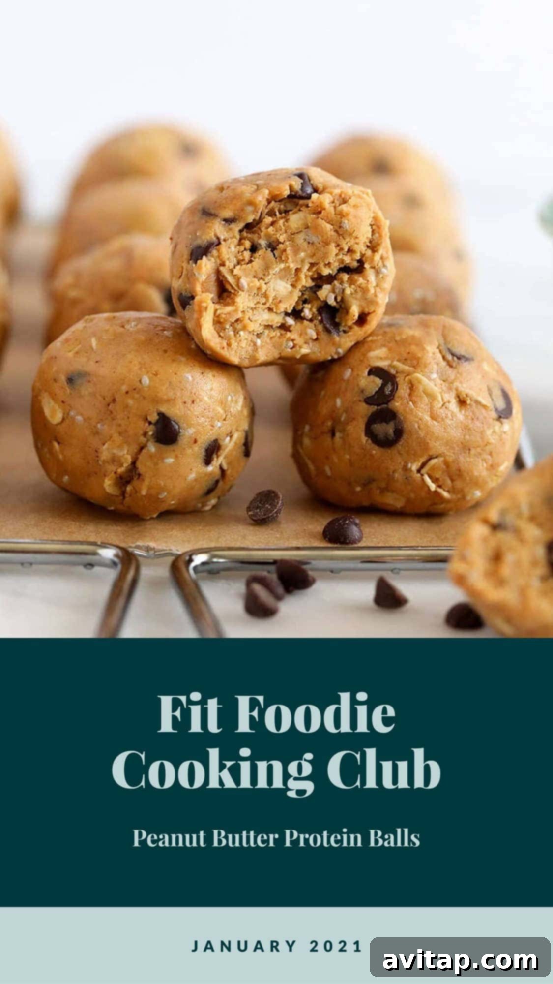 A vibrant collage of various healthy snacks and ingredients, centered around peanut butter protein balls.