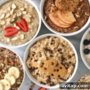 A variety of oatmeal bowls with different healthy toppings, symbolizing nourishing food.