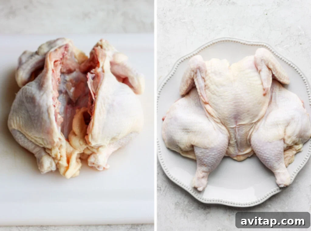 Two sequential images illustrating the process of spatchcocking a chicken on a cutting board, showing the backbone removed and the bird flattened.
