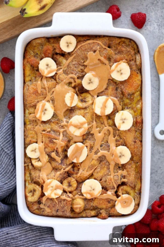 Overnight Peanut Butter Banana French Toast Bake, fresh out of the oven.