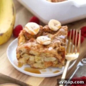Peanut Butter Banana French Toast Bake, ready to serve.