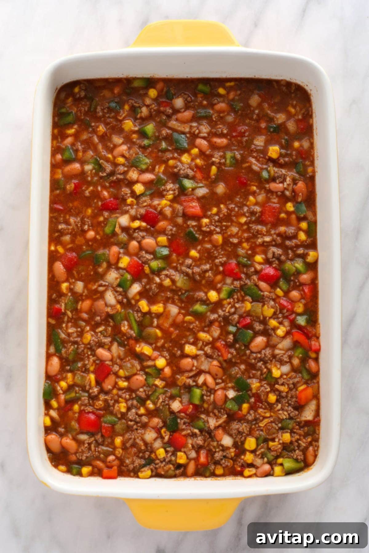 All the ingredients for this Mexican casserole mixed together.