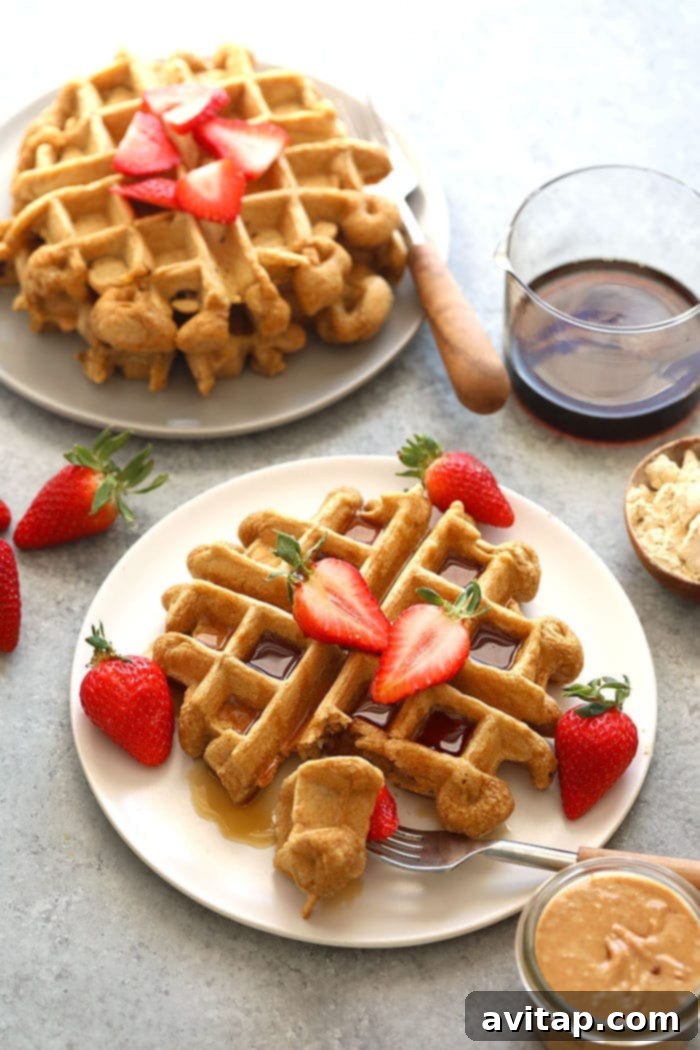 Healthy protein waffles on a plate, ready to be enjoyed