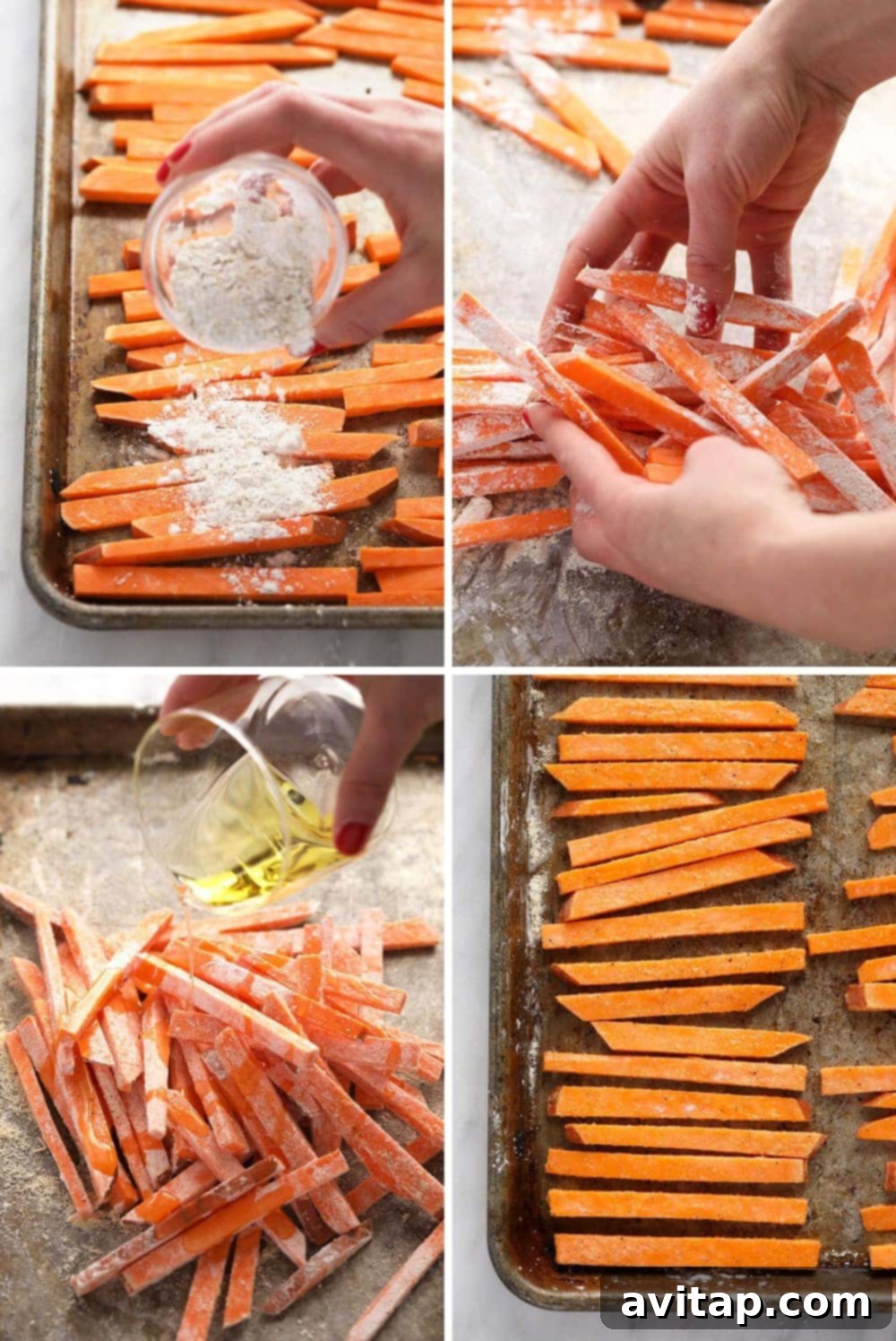 Step-by-step process of preparing sweet potato fries, from slicing to seasoning.