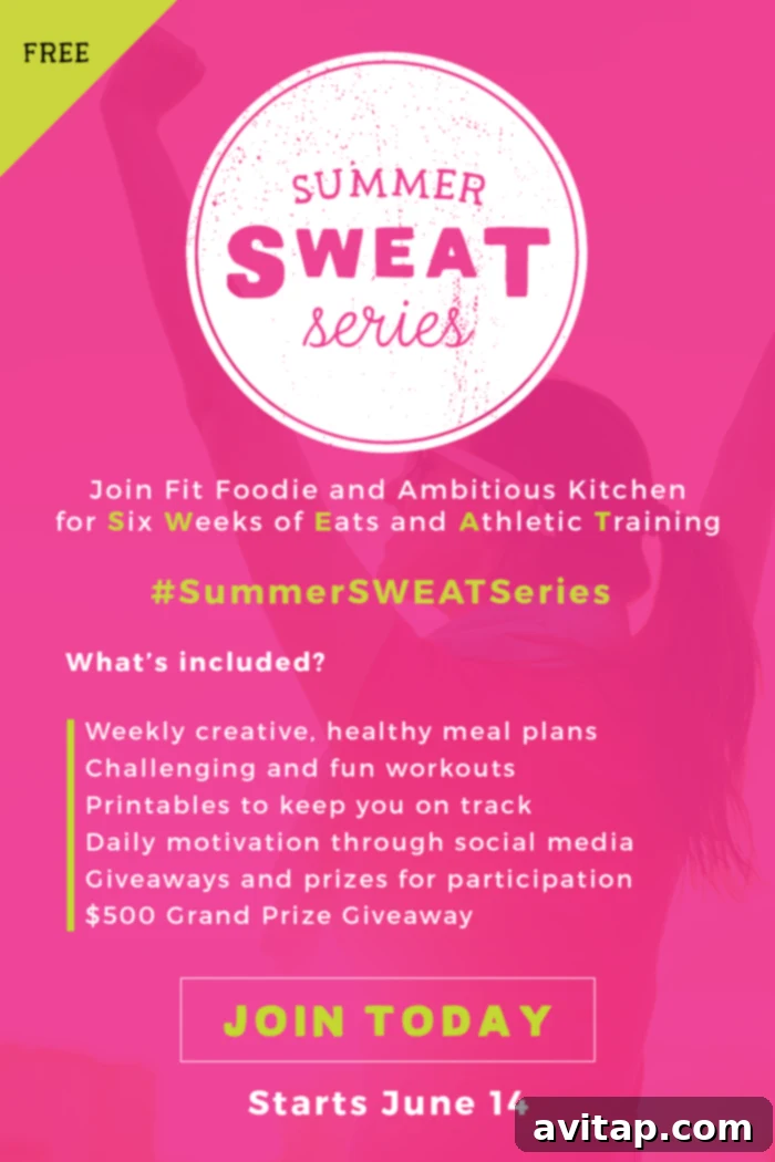 Get Ready for the Summer SWEAT Series 3 Join Fit Foodie Finds and Ambitious Kitchen for a 6-week nutrition and fitness program fully equipped with meal plans and workouts to help you shred fat and build muscle this summer! Banner image.
